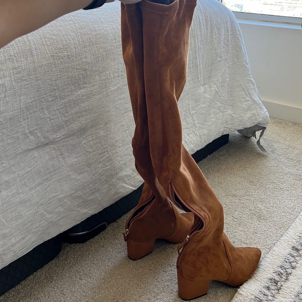 Brand new goodnight macaroon Marlo Tan over the knee high suede boots. Size 39